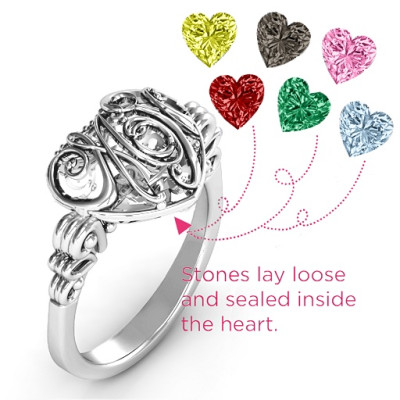 Cursive Mom Caged Hearts Ring with Butterfly Wings Band - The Name Jewellery™