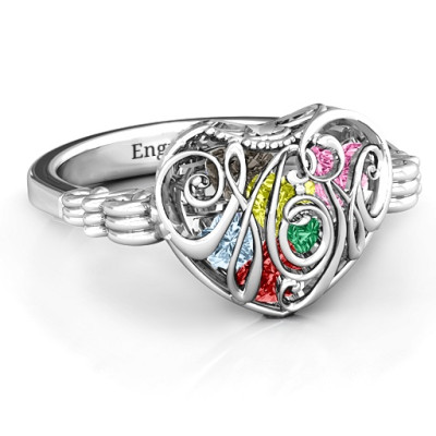Cursive Mom Caged Hearts Ring with Butterfly Wings Band - The Name Jewellery™