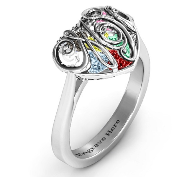 Cursive Mom Caged Hearts Ring with Ski Tip Band - The Name Jewellery™