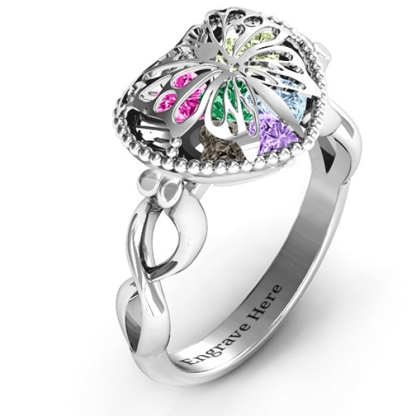 Sterling Silver Butterfly Caged Hearts Ring with Infinity Band - The Name Jewellery™