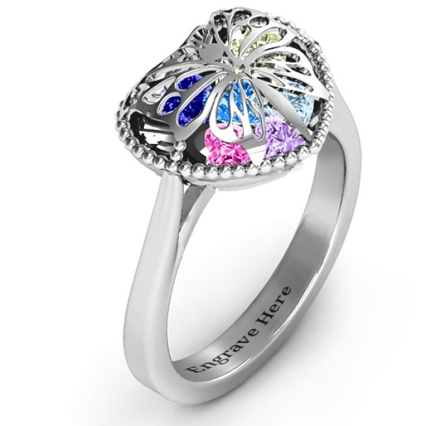 Butterfly Caged Hearts Ring with Ski Tip Band - The Name Jewellery™