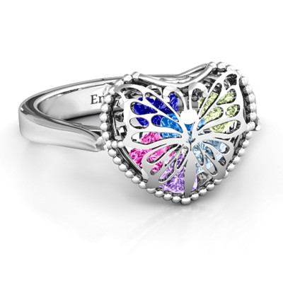 Butterfly Caged Hearts Ring with Ski Tip Band - The Name Jewellery™