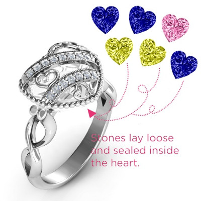 Sparkling Diamond Hearts Caged Hearts Ring with Infinity Band - The Name Jewellery™