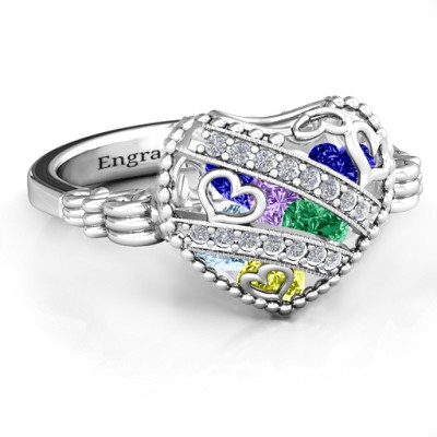 Sparkling Diamond Hearts Caged Hearts Ring with Butterfly Wings Band - The Name Jewellery™