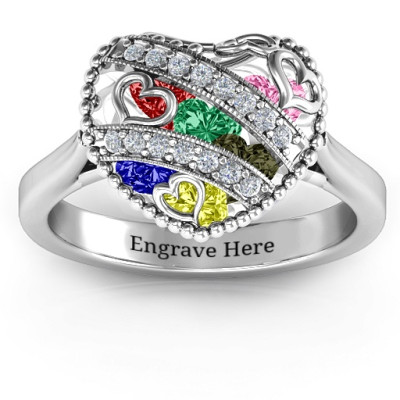 Sparkling Hearts Caged Hearts Ring with Ski Tip Band - The Name Jewellery™