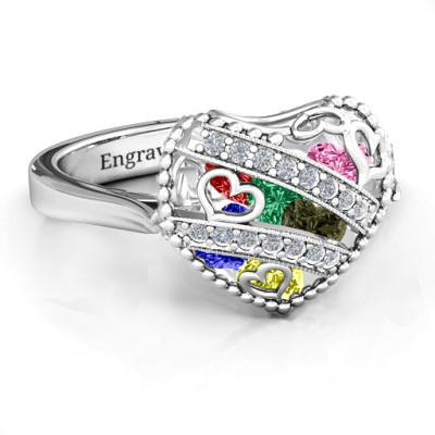 Sparkling Hearts Caged Hearts Ring with Ski Tip Band - The Name Jewellery™