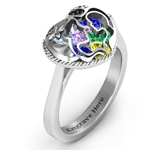 Mother and Child Caged Hearts Ring with Ski Tip Band - The Name Jewellery™