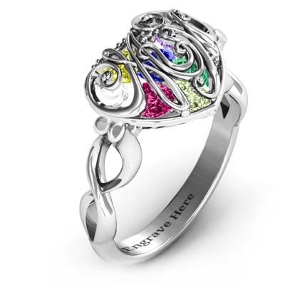 Cursive Mom Caged Hearts Ring with Infinity Band - The Name Jewellery™