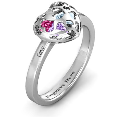 Heart Cut-out Petite Caged Hearts Ring with Classic with Engravings Band - The Name Jewellery™