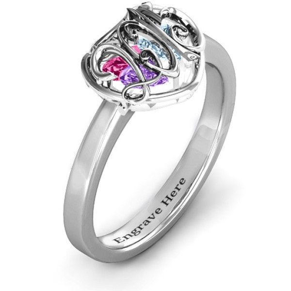 2015 Petite Caged Hearts Ring with Classic with Engravings Band - The Name Jewellery™