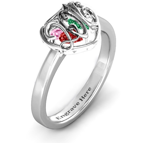 2016 Petite Caged Hearts Ring with Classic with Engravings Band - The Name Jewellery™