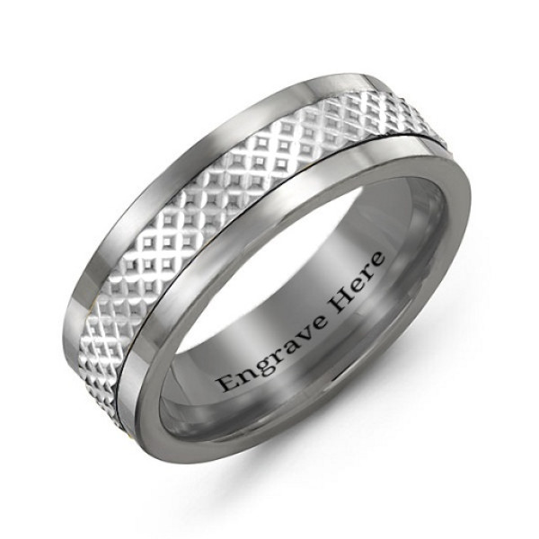 Sterling Silver Men's Tungsten Mesh Inlay Band Ring - The Name Jewellery™