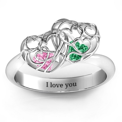 Double Heart Cage Ring with 1-6 Heart Shaped Birthstones - The Name Jewellery™