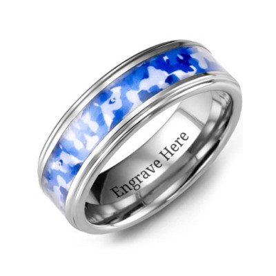 Grooved Tungsten Ring with Royal Blue Camouflage Insert - The Name Jewellery™