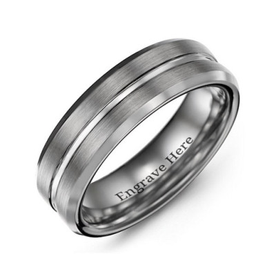 Men's Brushed Grooved Centre Beveled Tungsten Ring - The Name Jewellery™