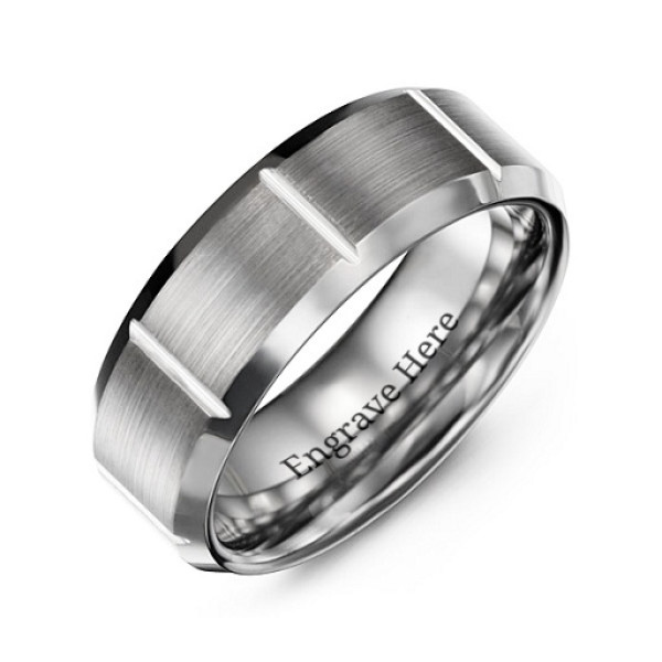Men's Brushed Vertical Grooved Polished Tungsten Ring - The Name Jewellery™