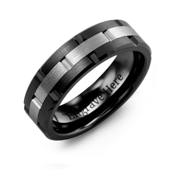 Men's Ceramic & Tungsten Grooved Brushed Ring - The Name Jewellery™