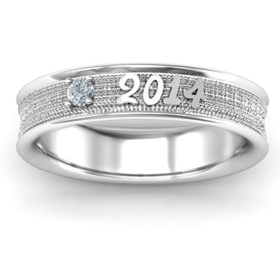 Sterling Silver 2014 Unisex Textured Graduation Ring with Emerald Stone - The Name Jewellery™