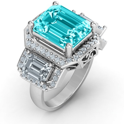Sterling Silver Emerald Cut Trinity Ring with Triple Halo - The Name Jewellery™