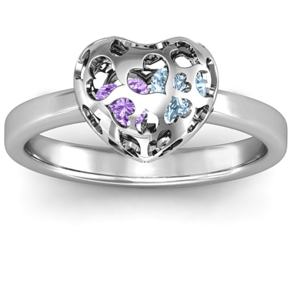 Sterling Silver Petite Caged Hearts Ring with 1-3 Stones - The Name Jewellery™