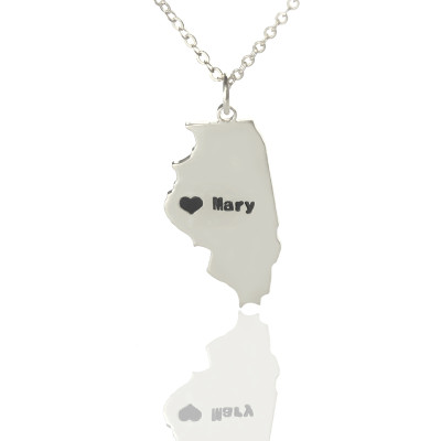 Personalised Illinois State Shaped Necklaces With Heart  Name Silver - The Name Jewellery™