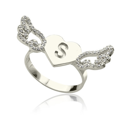 Heart Angel Wings Ring Engraved Initial  Birthstone Sterling Silver - The Name Jewellery™