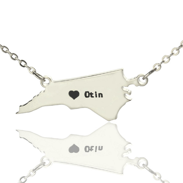 Personalised NC State USA Map Necklace With Heart  Name Silver - The Name Jewellery™