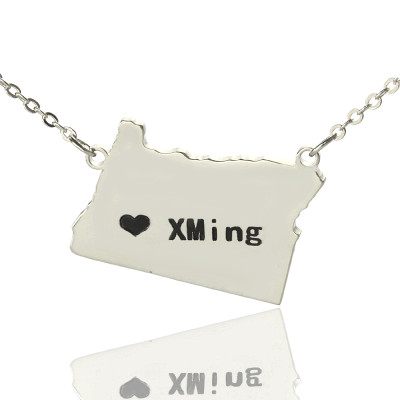 Custom Oregon State USA Map Necklace With Heart  Name Silver - The Name Jewellery™