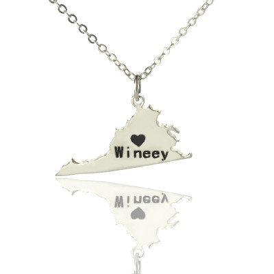 Virginia State USA Map Necklace With Heart  Name Silver - The Name Jewellery™