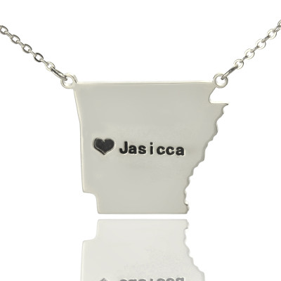 Custom AR State USA Map Necklace With Heart  Name Silver - The Name Jewellery™