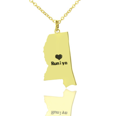 Mississippi State Shaped Necklaces With Heart  Name Gold Plated - The Name Jewellery™