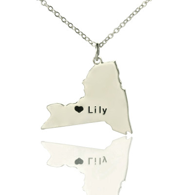 Personalised NY State Shaped Necklaces With Heart  Name Silver - The Name Jewellery™