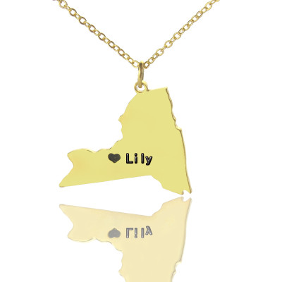Personalised NY State Shaped Necklaces With Heart  Name Gold Plated - The Name Jewellery™