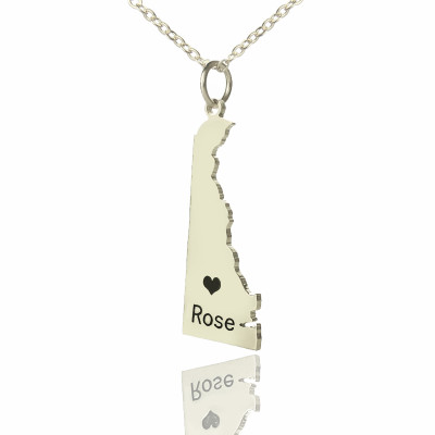 Custom Delaware State Shaped Necklaces With Heart  Name Silver - The Name Jewellery™