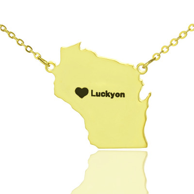 Custom Wisconsin State Shaped Necklaces With Heart  Name Gold Plated - The Name Jewellery™