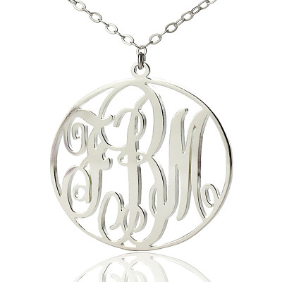 Personalised 18ct White Gold Plated Vine Font Circle Initial Monogram Necklace - The Name Jewellery™