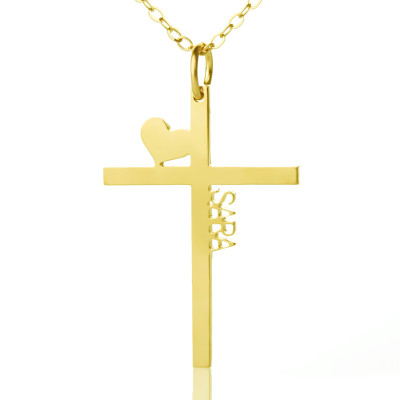 Personalised 18ct Gold Plated Silver Cross Name Necklace with Heart - The Name Jewellery™