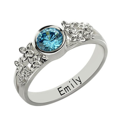 Personalised Flower Engagement Birthstone Name Ring Sterling Silver - The Name Jewellery™