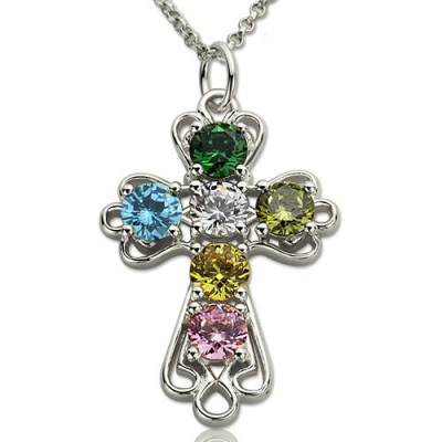 Personalised Cross Necklace with Birthstones Sterling Silver - The Name Jewellery™