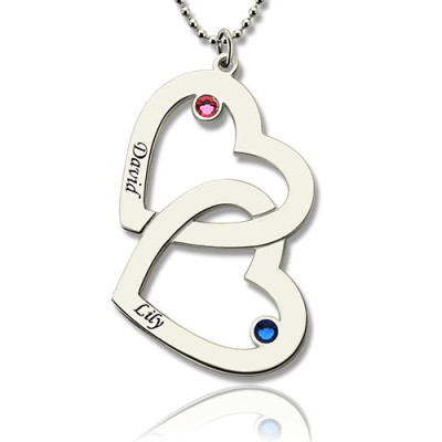 Double Heart Necklace with Name  Birthstones Sterling Silver - The Name Jewellery™