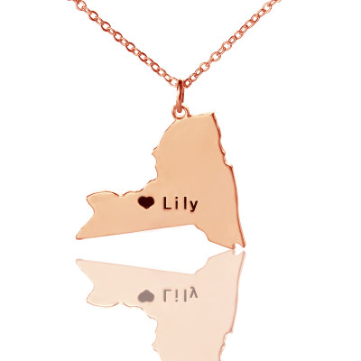 Personalised NY State Shaped Necklaces With Heart  Name Rose Gold - The Name Jewellery™