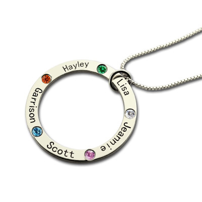 Mothers Family Circle Name Necklace Engraved Birthstone Silver - The Name Jewellery™