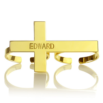 Engraved Name Two finger Cross Ring 18ct Gold Plated - The Name Jewellery™