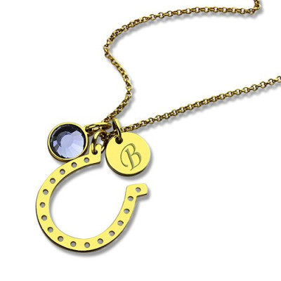 Birthstone Horseshoe Lucky Necklace with Initial Charm 18ct Gold Plate - The Name Jewellery™