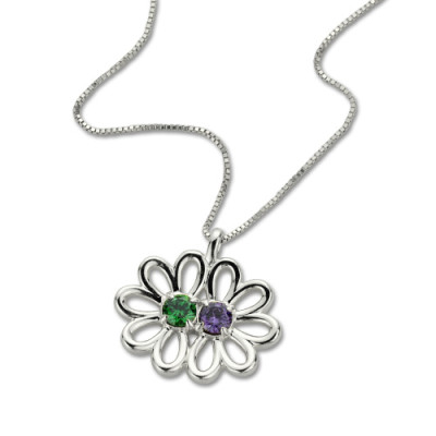 Personalised Double Flower Pendant with Birthstone Sterling Silver - The Name Jewellery™