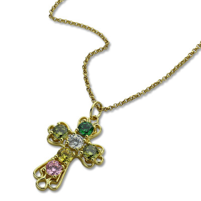 Personalised Cross necklace with Birthstones Gold Plated Silver - The Name Jewellery™