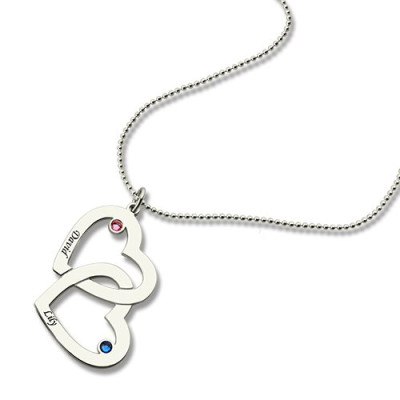 Double Heart Necklace with Name  Birthstones Sterling Silver - The Name Jewellery™