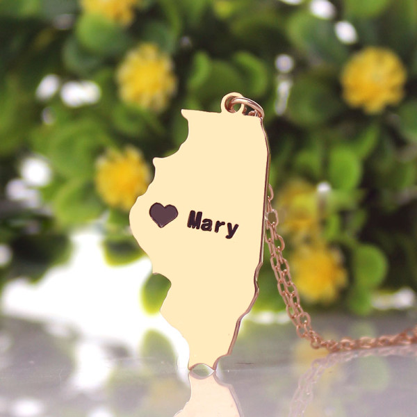 Custom Illinois State Shaped Necklaces With Heart  Name Rose Gold - The Name Jewellery™