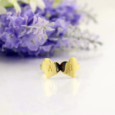 Custom Double Heart Ring Engraved Letter 18ct Gold Plated - The Name Jewellery™