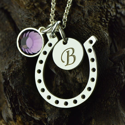 Horseshoe Good Luck Necklace with Initial  Birthstone Charm - The Name Jewellery™